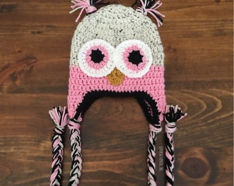 Crochet Owl Hat/Oatmeal/Pink, Baby/Toddler/Childs Owl Hat