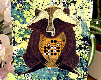 Postcard - The Raccoon Dog Drums His Belly - Baduk, Weiqi, Go Game - Tesuji