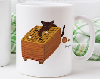 Ceramic Mug - Sniffing the Third Line - Game of Go, Weiqi, Baduk - Cute Cat Playing Board Game