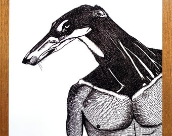 Poster - Anubis - Half Muscled Athlete Half Chart Polski (Greyhound) - Black and White Print of Hand-Drawn Art in Sizes A4, A3 and A3+