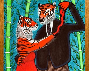 Salsa Dancing Tigers Art Print – Whimsical Bamboo Forest Poster