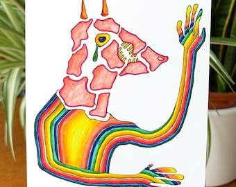 Postcard - Rainbow Monster -  Horned Shapeshifter Devil Sheds a Tear - Hand-Drawn Color Art