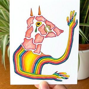 Ansichtkaart - Regenboog Monster - Gehoornde Duivel Pinkt een Traan Weg - Handgetekend