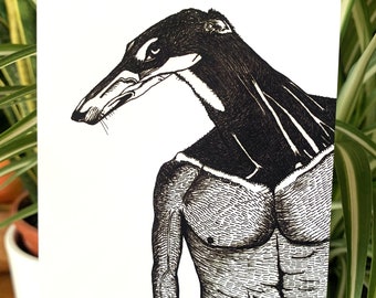 Anubis Greyhound Postcard – Hand-Drawn Black and White Art