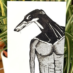 Cartolina - Anubi, il dio egizio - Metà atleta muscoloso Metà grafico Polski (levriero) - Arte disegnata a mano in bianco e nero