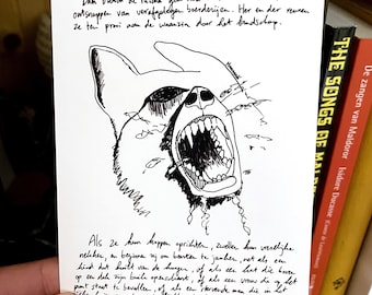 Hand-Drawn 'Songs of Maldoror' Postcard – Black and White Dog Artwork