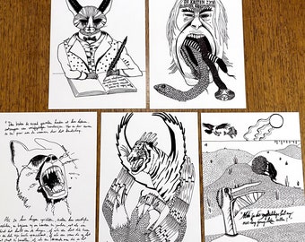 Set of 5 Postcards - Les Chants de Maldoror (The Songs of Maldoror) - Hand-Drawn Black and White Artworks Made in 2014