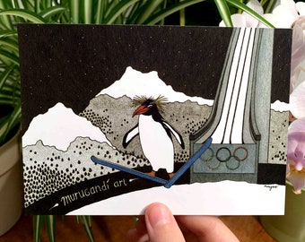 Ski Jumping Penguin Postcard – Hand-Drawn Funny Greeting Card
