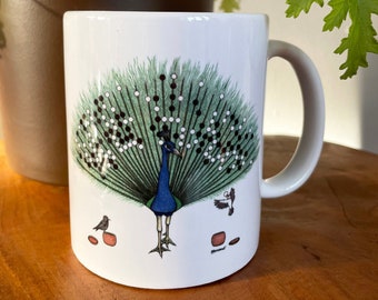 Ceramic Mug - Go Peacock - Game of Go, Weiqi, Baduk - Two Little Birds (Black and White) Play Go on the Feathers of a Peacock