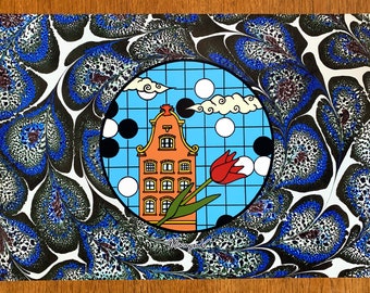 Poster - Amsterdam Go - Baduk, Weiqi, Go Game - Dutch Canal House and Tulip with Marbled Background - Art Print in Sizes A4, A3 and A3+