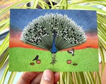 Postcard - Two Little Birds (Black and White) Play Go on the Feathers of a Peacock - Baduk, Weiqi, Go Game - Mind Sport in Nature, Sunset