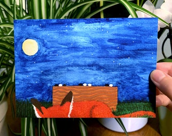 Postcard - Full Moon Fox - Baduk, Weiqi, Go Game - Cute Fox Sleeping at Night Beside Go Board