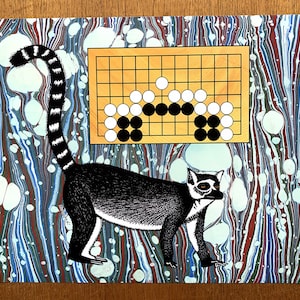 Op de afbeelding: Illustratie van een ringstaartmaki met een zwart-wit gestreepte staart en een Go-bord met zwarte en witte stenen. De achtergrond heeft een gemarmerd patroon in blauw, groen en rood.