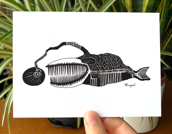 Postcard Anglerfish melanocetus Johnsonii Fish of the Deep Sea Shining a  Light in the Darkness Hand-drawn Black and White Art 