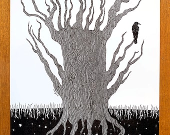Poster - Roots - Raven Sits in Tree of Life Yggdrasil - Dark and Macaber - Black and White Print of Hand-Drawn Art in Sizes A4, A3 and A3+
