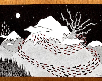 Poster - Landscape of Snowy Magic Mountains and Thunder at Night Under a Starry Sky - Print of Hand-Drawn Art in Sizes A4, A3 and A3+