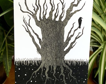 Postcard - Roots - Raven Sits in Tree of Life Yggdrasil - Mythology - Hand-Drawn Black and White Art - Dark and Macaber