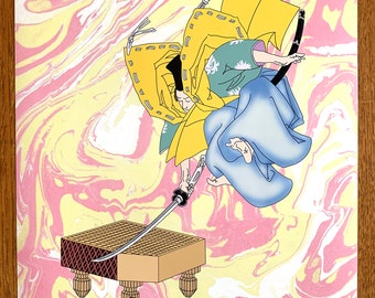 Samurai Go Game Art Print – Yoshitoshi Inspired, Ebru Marbling