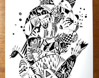 Poster - Automatic Drawing -  Surrealist Automatism, Funky and Dreamy - Black and White Print of Hand-Drawn Art in Sizes A4, A3 and A3+