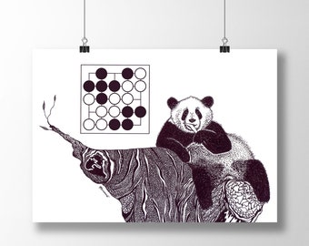 Poster - Panda, 5x5 Seki - Baduk, Weiqi, Go Game - Black and White Drawing - Art Print in Sizes A4, A3 and A3+