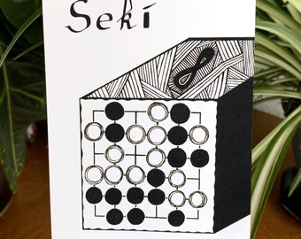 Postcard - Seki -  Baduk, Weiqi, Go Game - Concept for Japanese Puzzle Box - Black and White Drawing
