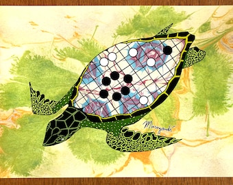 Go Game Turtle Poster – Floral Marbled Background Art Print
