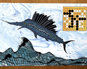 Go Game/Weiqi/Baduk Art Print – Swordfish Endgame, Paper Marbling