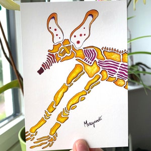 Carte postale - renard préhistorique - dessin psychédélique et génial d'une trouvaille archéologique rare - animal fantastique - art couleur dessiné à la main