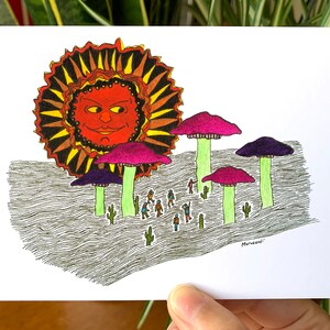 Ansichtkaart - Brandende Zon, Enorme Paarse Paddestoelen en Cacti op een Onontdekte Planeet - Science Fiction - Handgetekend