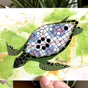 Postcard - The Tortoise Shell - Baduk, Weiqi, Go Game - Happy Turtle with Floral Marbled Background