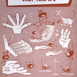 May include: Vintage "Palmer-Hughes Daily Tune-Ups" exercise book. The cover is a muted reddish-brown with whimsical illustrations of musical concepts. The price is $1.25. Published by Alfred Music Co., New York.