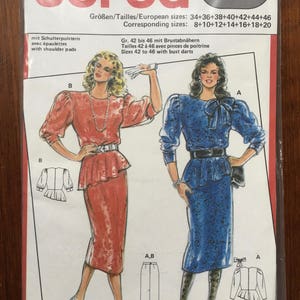 Pode incluir: Padrão de costura Burda número 6205 para os tamanhos 34-46. O padrão inclui instruções para fazer uma saia e duas blusas. A saia é mostrada em vermelho e azul. As blusas são mostradas em vermelho e azul.