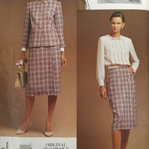 May include: Vintage Vogue sewing pattern for a plaid skirt suit. The pattern is for a 1964 design and includes a jacket and skirt. The pattern is printed on white paper with black text and a black and white illustration of the garment.