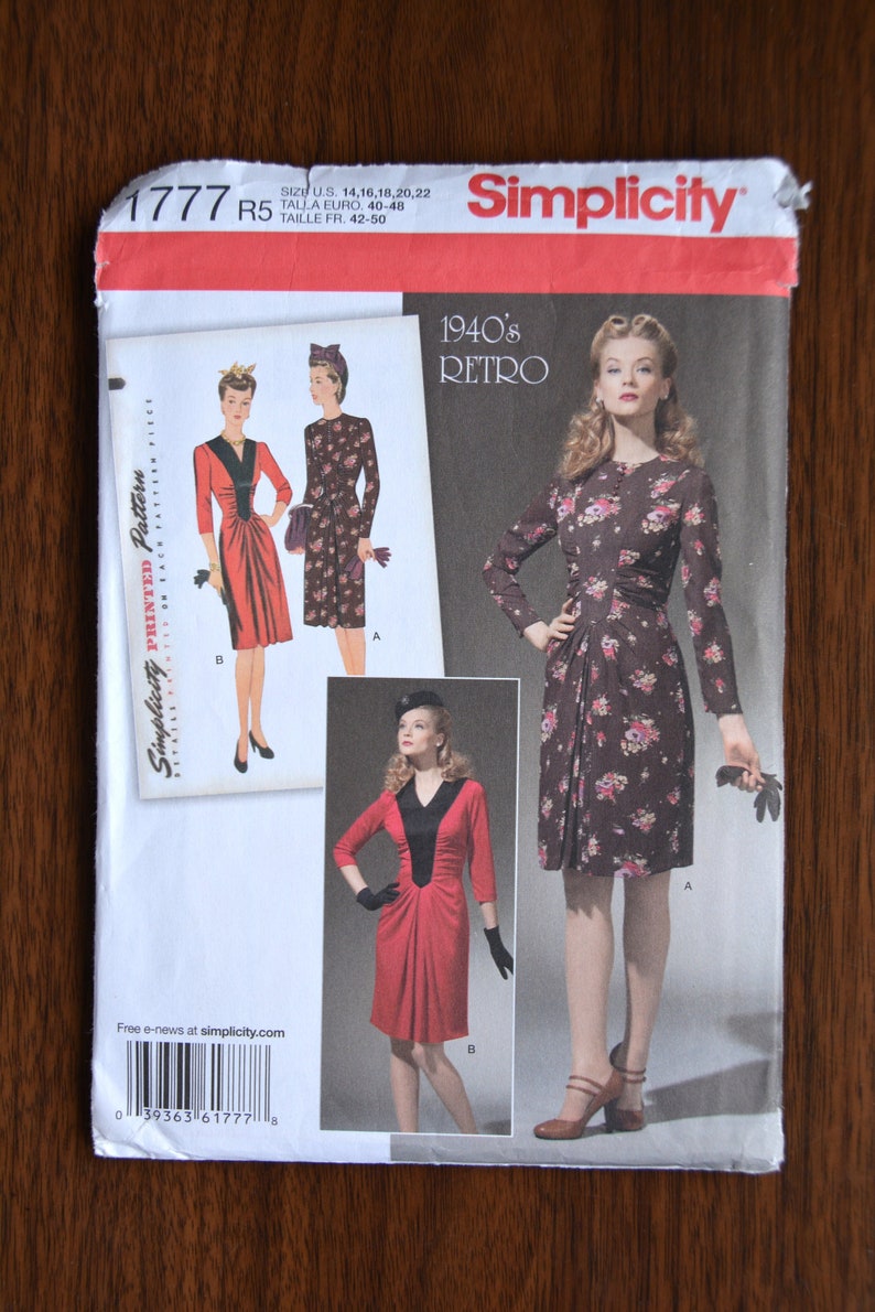 Simplicity Pattern 4089 Simplicity 1940s Retro Sewing Pattern 1777 Reproduction Dress Size 14 ...