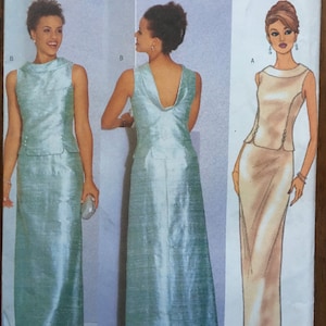 Puede incluir: Un patrón de costura para un vestido sin mangas con cuello redondo y espalda baja. El patrón incluye tres estilos diferentes: un vestido con corpiño ajustado y falda completa, un vestido con corpiño ajustado y falda recta, y un vestido con corpiño ajustado y falda acampanada.