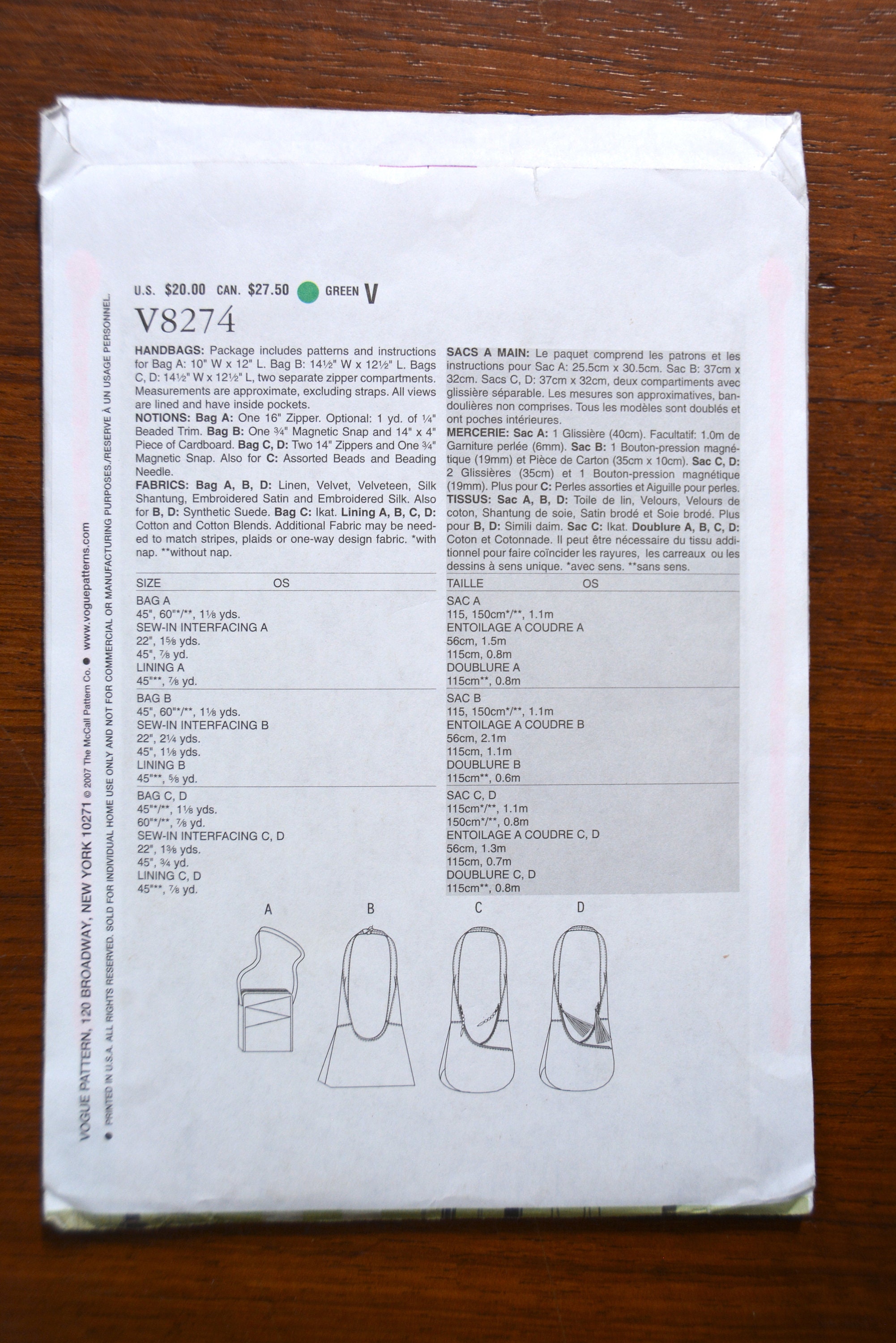vogue レイニー Vogue V8274 Accessories Sewing Pattern Handbags Tote Bags