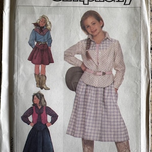 Vtg 80&#39;s Simplicity 7622 Girls 14 Western Shirt Vest Skirt sewing pattern UNCUT