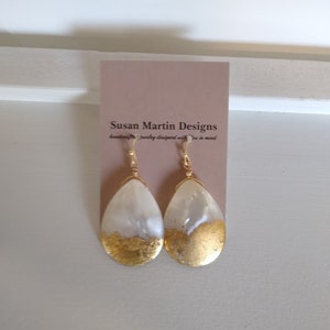 Mother of Pearl Earrings, Gold Leafed Earrings, Shell Dangle Earrings, Handmade Earrings