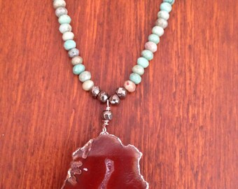 Chrysoprase Strand with Red Agate Geode Center