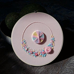 14&quot; Finished Hand Embroidery Hoop Art Flower Circle on Linen Light Pink | Textile Art | Wall Art