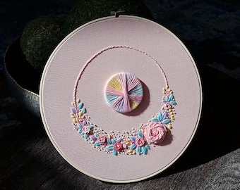 14" Finished Hand Embroidery Hoop Art Flower Circle on Linen Light Pink | Textile Art | Wall Art