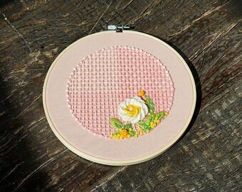 8" Finished Hand Embroidery Hoop Art Tapestry wool flower on Linen Light Pink | Textile Art | Wall Art