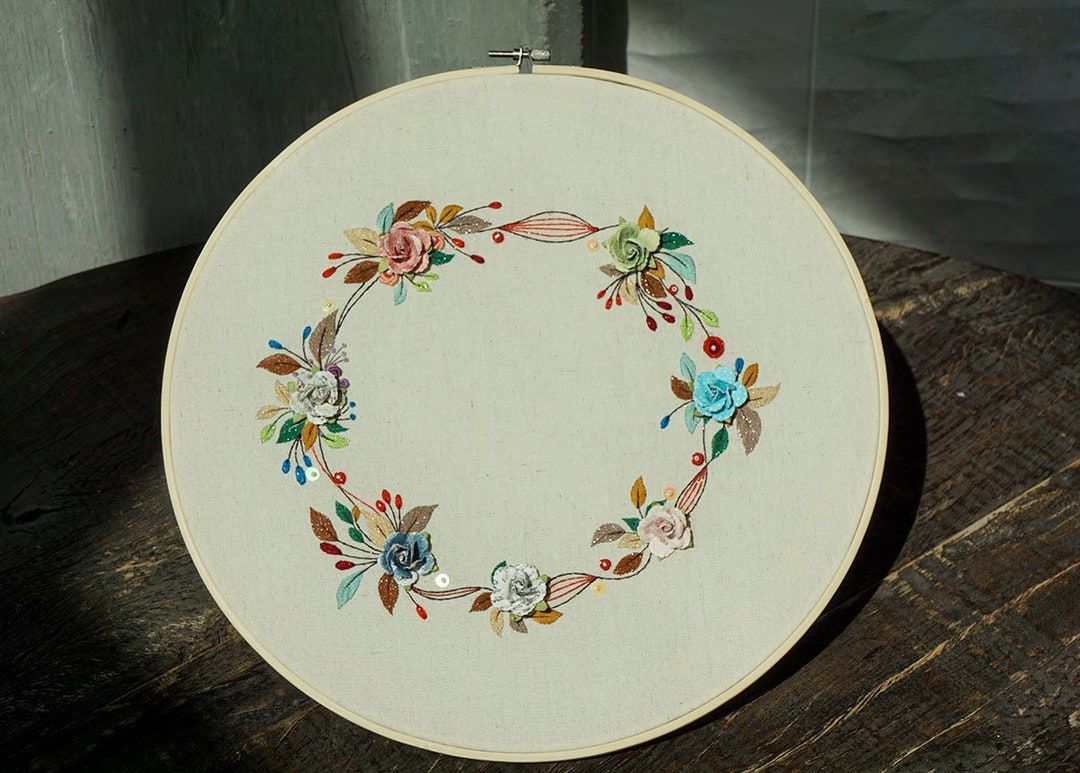 14" Finished Hand Embroidery Hoop Art With Paper Flowers | Textile Art ...