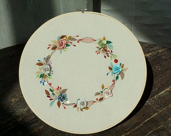 14" Finished Hand Embroidery Hoop Art with Paper Flowers | Textile Art | Wall Art