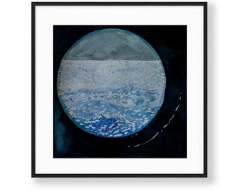 Ocean Porthole Art Print, Blue Night Water Illustration (Digital Download)
