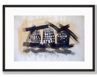 Abstract Ink Drawing Print: Black Beige Illustration (Digital Download)