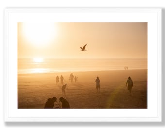Oregon Beach Sunset Photography Print, Bird and People (Digital Download)