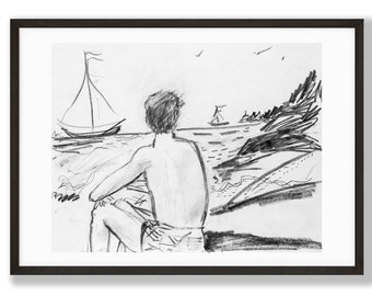 Seascape Drawing: Black and White Illustration (Digital Download)