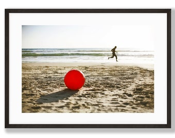 Red Ball Beach Runner Art Print, California Summer (Digital Download)
