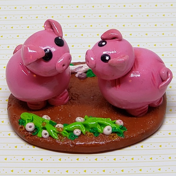 Good Luck Pig, Pig Couple polymer clay figurine handmade with Flowers
